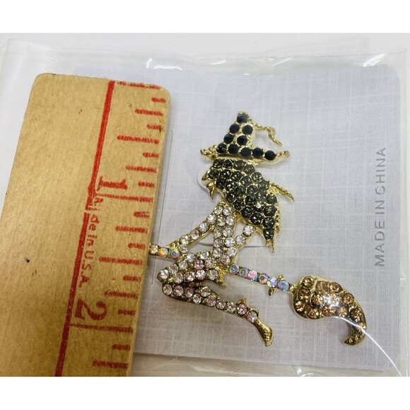 Crystal Witch Pin‎ Broom Rhinestone  Black Clear Brooch Pin Gold Tone NEW - Picture 5 of 8